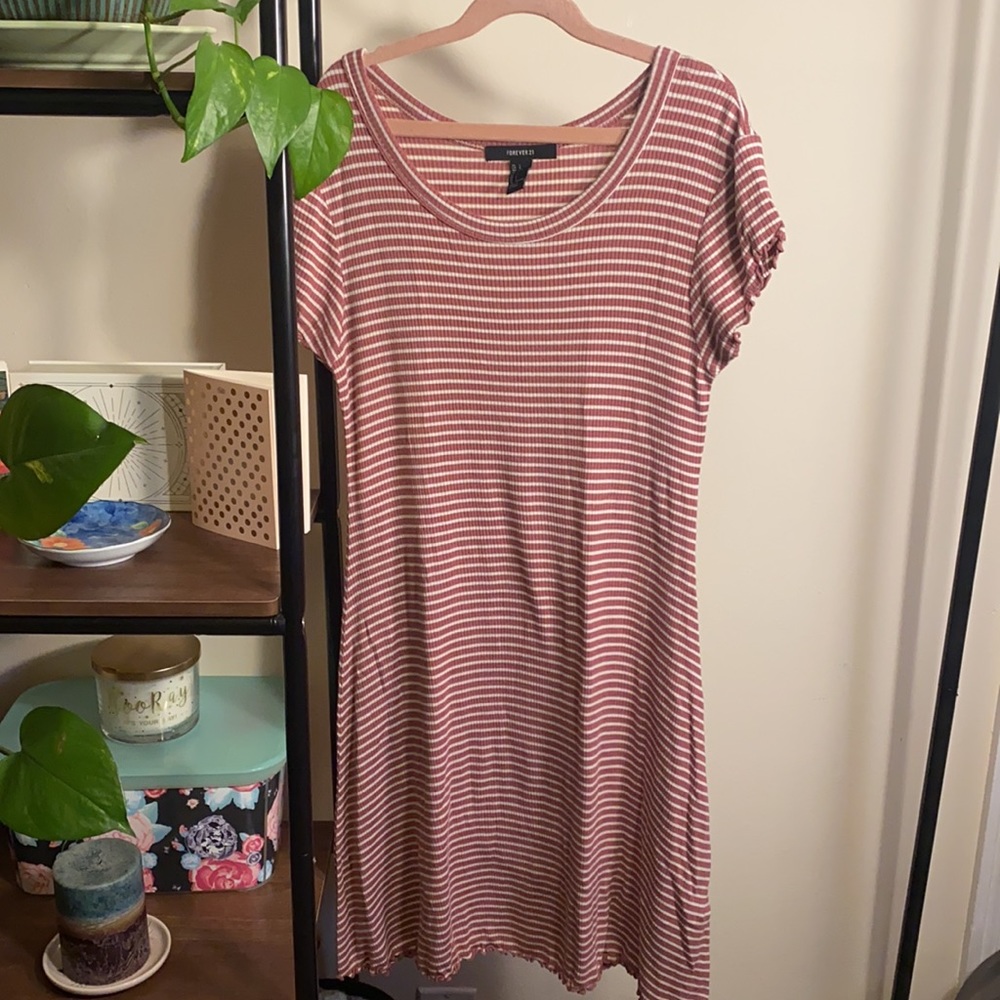 2/$10- FOREVER 21- Dress Short Sleeve Tunic Ruffle Hem Striped Stretch - Picture 5 of 7
